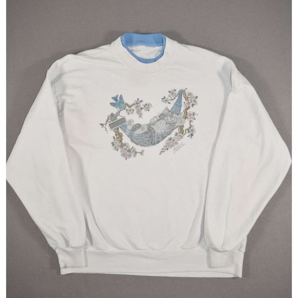 Vintage Morning Sun Cat Sweatshirt Womens XL White Crewneck Pullover Hammock